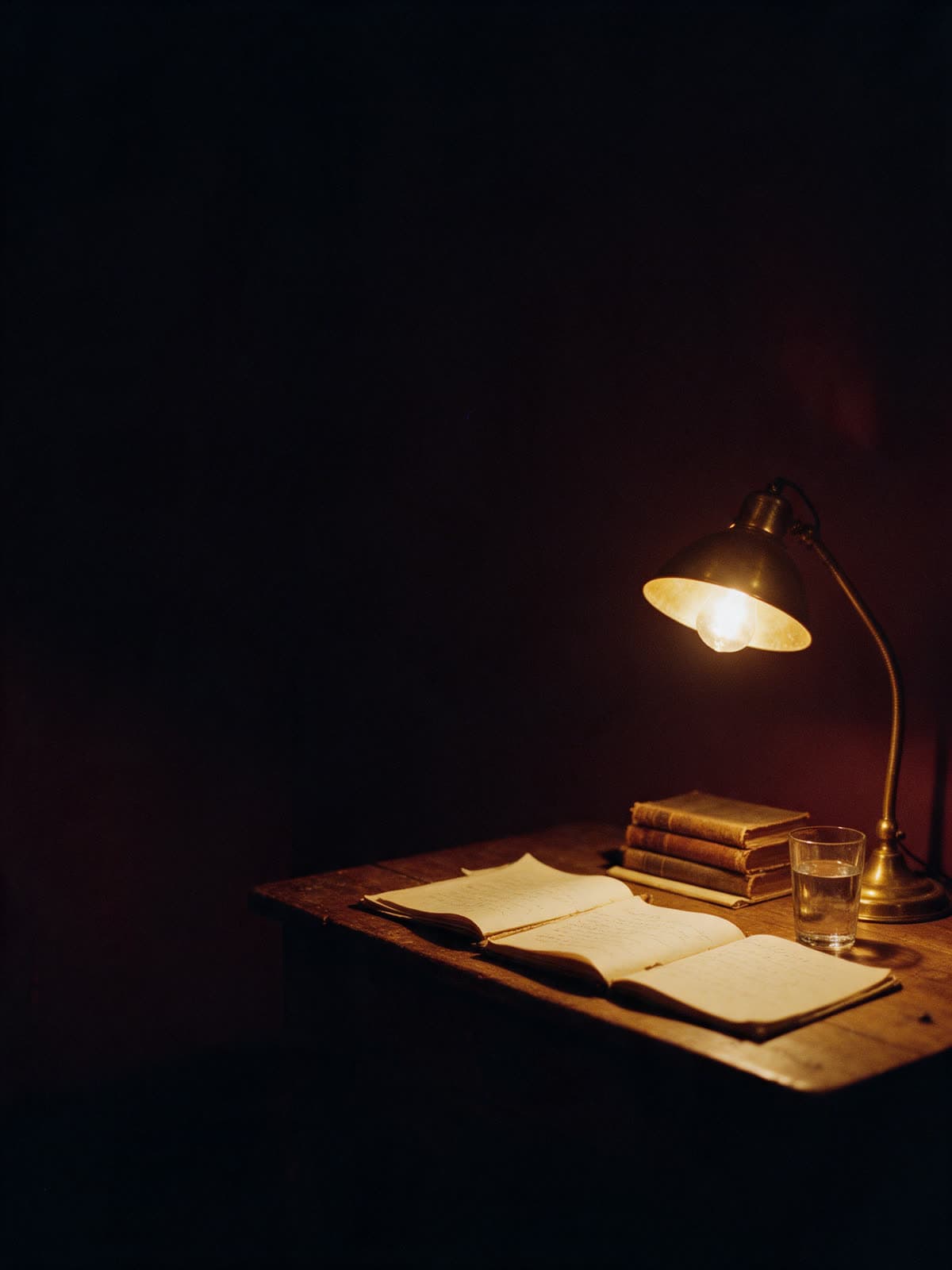 Un escritorio de noche bajo una lámpara de latón, con cuadernos abiertos y libros antiguos.